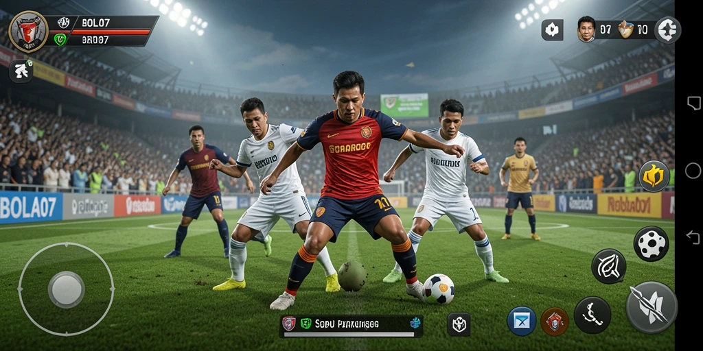 Screenshot permainan <strong>BOLA07</strong> menunjukkan pertarungan intens di lapangan.