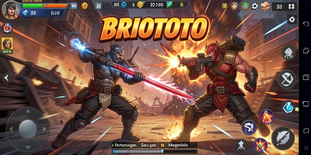Screenshot menampilkan aksi pertarungan intens BRIOTOTO dengan karakter yang khas.