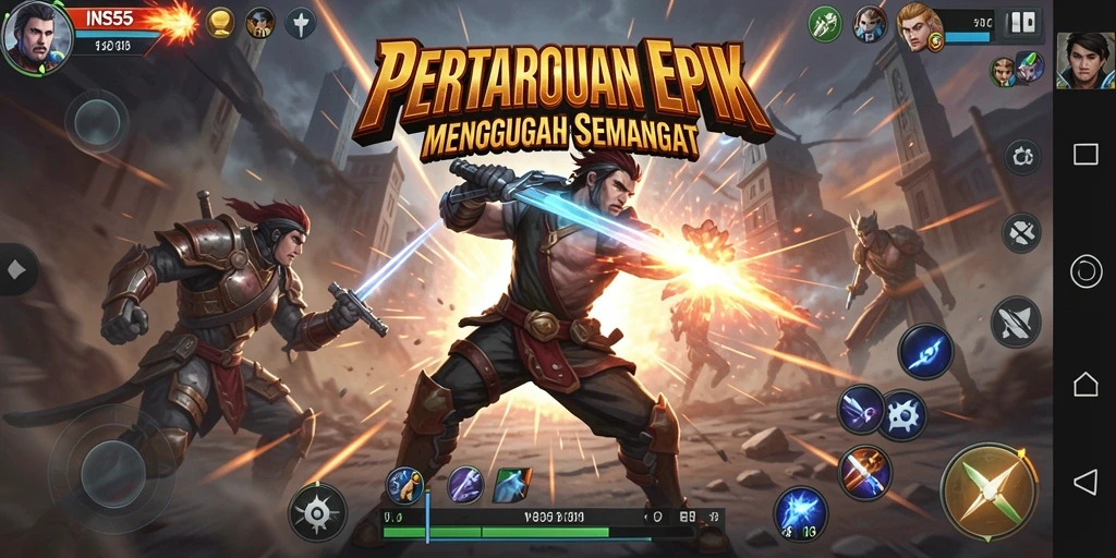 Screenshot INS55 menunjukkan pertarungan seru dengan karakter beraksi.