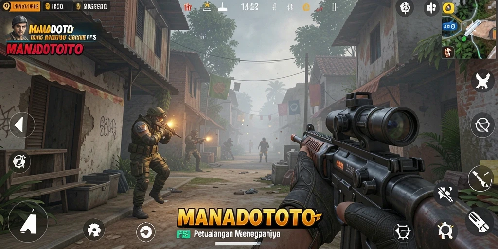 Tampilan gameplay intens dari MANADOTOTO dalam aksi FPS.
