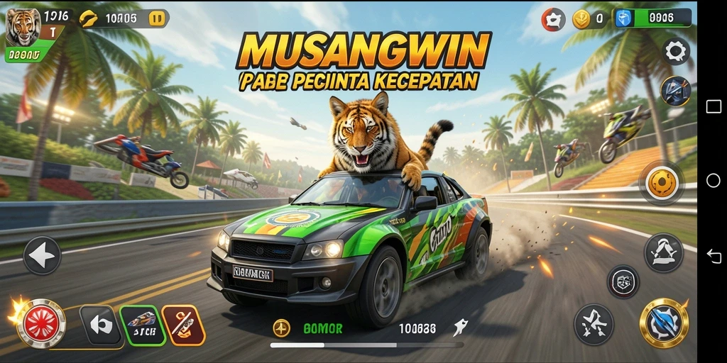Screenshot gameplay MUSANGWIN dengan aksi balap seru.