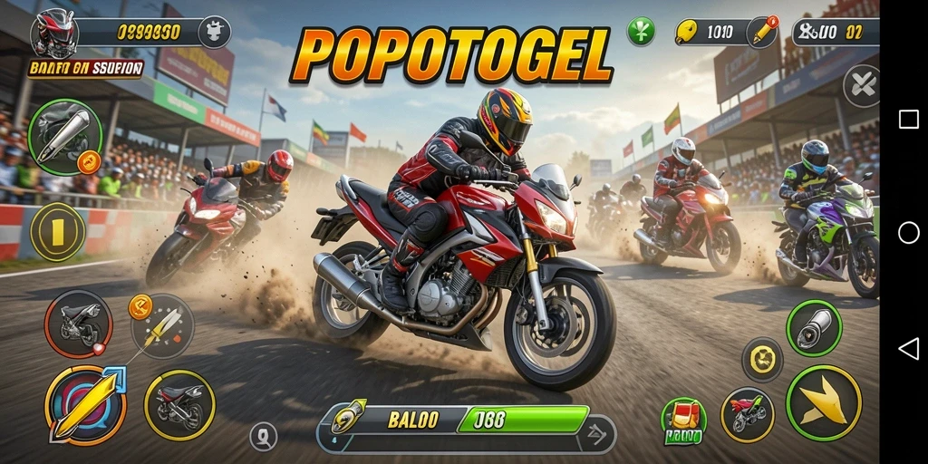 Tampilan seru gameplay <strong>POPOTOGEL</strong> dengan aksi balap motor yang mendebarkan.