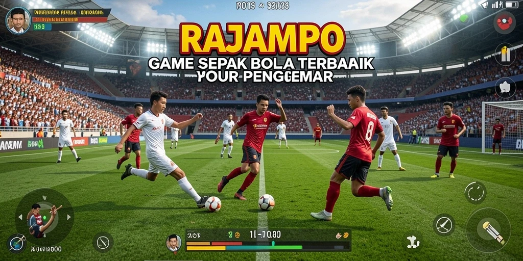 Screenshot gameplay RAJAMPO dengan aksi sepak bola yang intens.